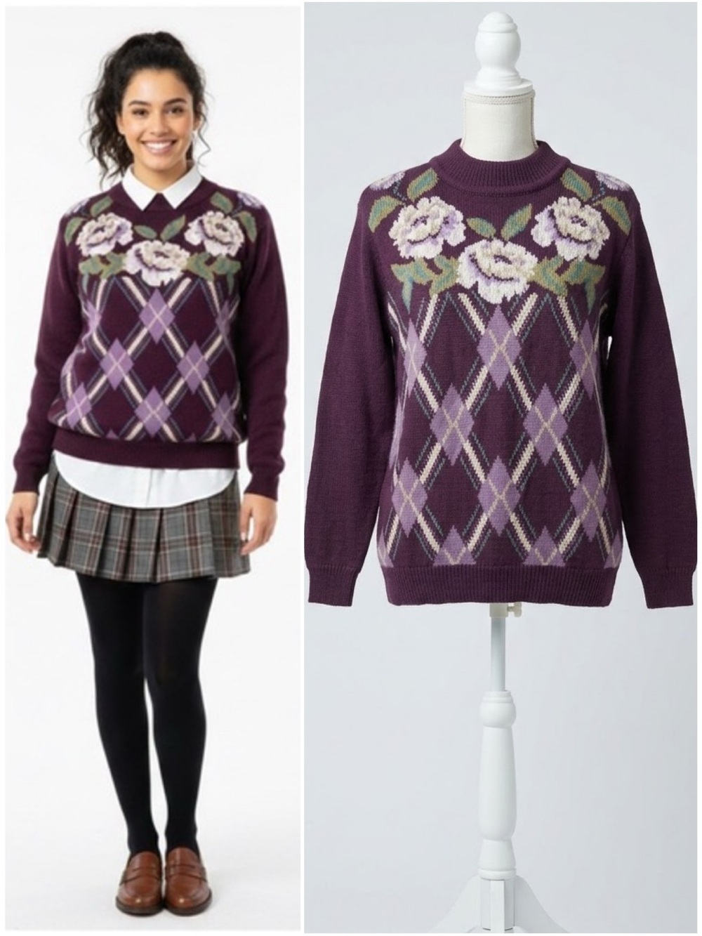 Vtg Alfred Dunner Purple Floral Argyle Knit Wool Blend Mock Neck Sweater Small